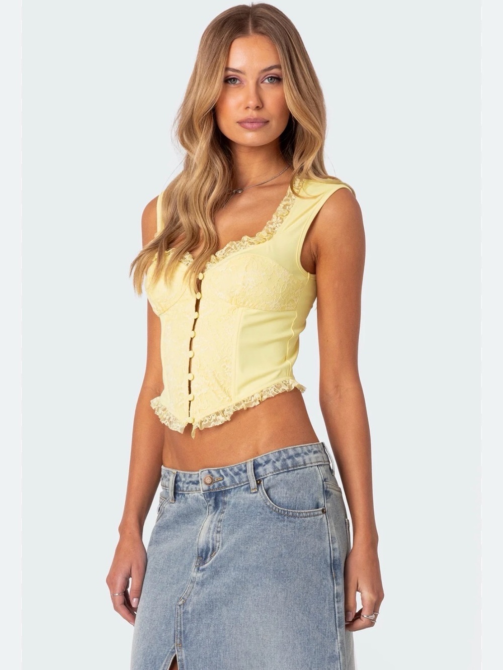 Edikted Button Front Lacey Corset Yellow Size Small NEW
